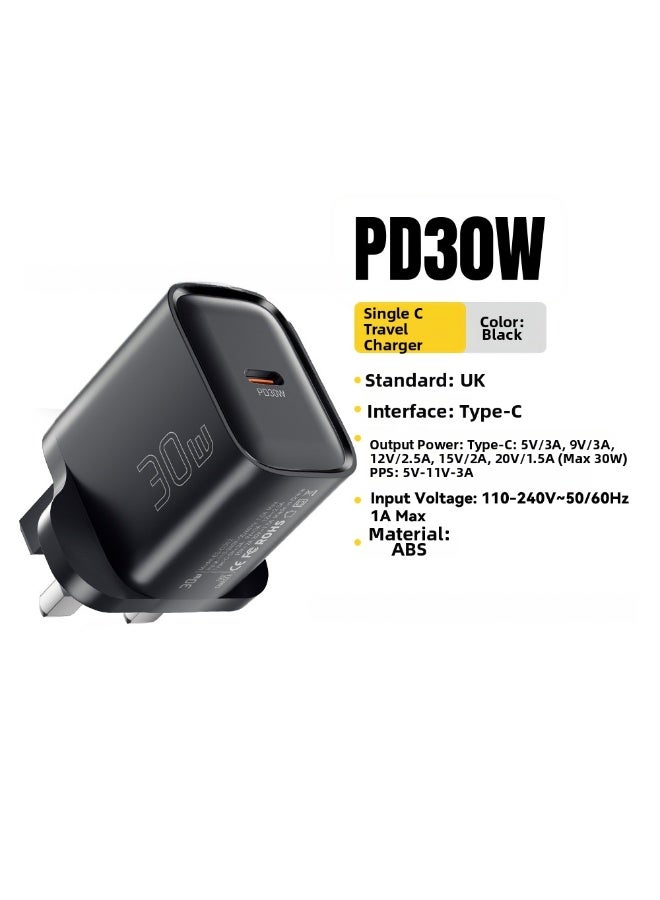 ESSAGER 30W UK Plug Fast Charger, PD 3.0 Wall Charger and Power Adapter, Compact USB C Charger and Travel Charger for Phone and Tablet, Black - Image 1